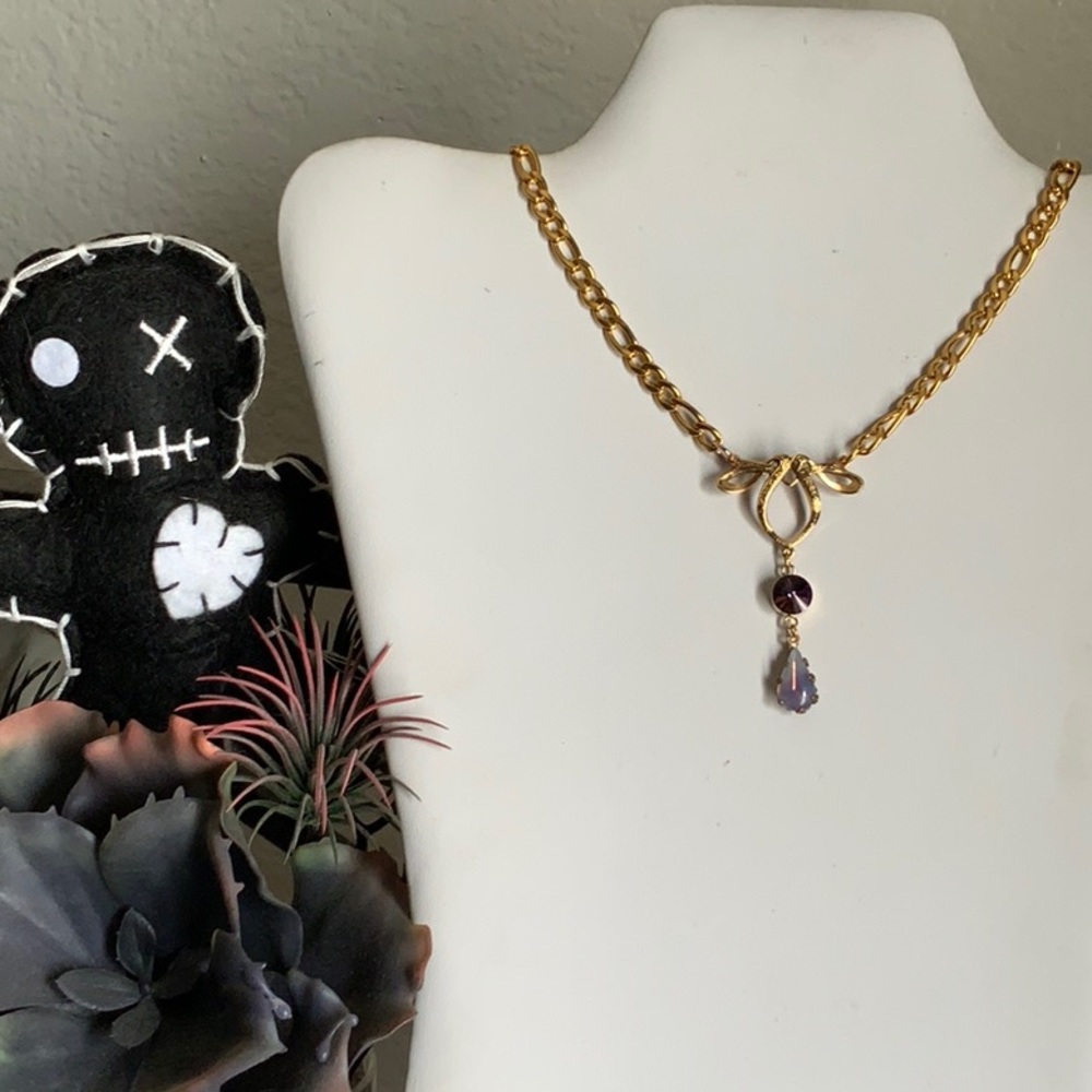 Gold Bow Stamping Purple Vivaldi Rhinestone and an Amethyst Sabrina Drop Choker
